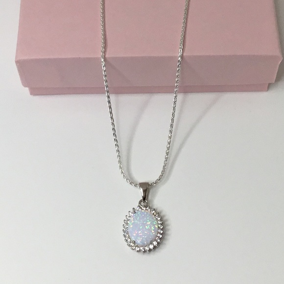Sterling Silver White Lab Opal & Cz's Necklace - Picture 3 of 15